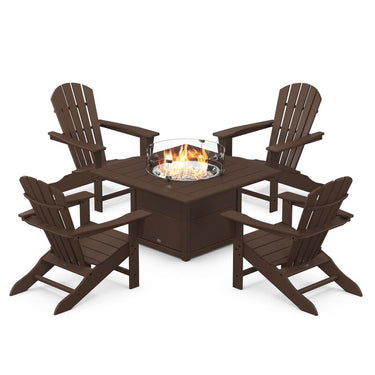 POLYWOOD Palm Coast 5-Piece Adirondack Chair Conversation Set w/ Fire Pit Table - Mahogany